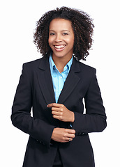 Image showing Corporate black woman, studio portrait and smile with success, vision and focus by white background. Isolated woman, business leader and professional with happiness, goal and dream career with suit