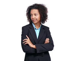 Image showing Black woman, thinking and business in studio with arms crossed, suit or idea by white background. Corporate leader woman, focus or job with strategy, mission or motivation for success, goal or career