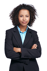 Image showing Black woman, business studio portrait and arms crossed, vision and suit by white background. Corporate leader woman, focus and proud with smile, strategy or mission for motivation, success and goals