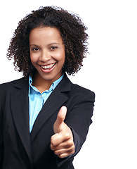 Image showing Corporate black woman, thumbs up and studio portrait with smile, yes and focus by white background. Happy isolated woman, business leader and hand sign for goal, agreement and suit in dream career