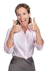 Image showing Business woman and success portrait with thumbs up for career victory with excited smile for achievement. Happy, winner and corporate worker with yes and approval gesture on isolated white background