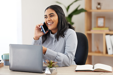 Image showing Phone call communication, laptop and woman talking, networking chat and working for ecommerce business. Secretary receptionist, notebook or event planner with mobile planning corporate company event