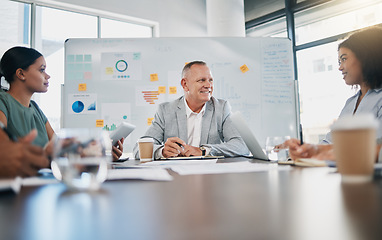 Image showing Business boss, leadership and meeting of team planning, motivation or collaboration in office. Manager brainstorming ideas, vision and strategy for coaching, support and workshop of diversity workers