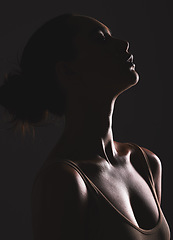 Image showing Woman beauty silhouette, face and dark, sexy with cosmetics and seductive fantasy with mysterious aesthetic. Female profile with skin, sexy woman facial and shadow against black studio background.