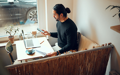 Image showing Phone, laptop and businessman working in coffee shop planning startup strategy, business communication or social networking. Cafe, small business designer and freelance employee on 5g digital tech