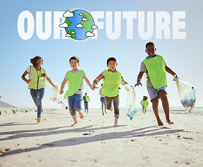 Image showing Running children, climate change or beach clean up in ocean waste management, sea recycling or nature sustainability. Smile, happy or fun kids in global warming teamwork or community service activity