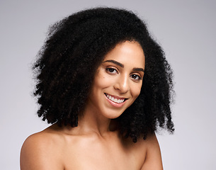 Image showing Wellness, beauty and portrait of black woman in studio for skincare, healthy skin and spa aesthetic. Dermatology, makeup and face of happy girl for cosmetics, beauty products and facial treatment