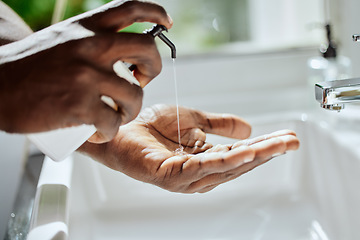 Image showing Black man, home bathroom or washing hands with soap for healthcare wellness, hygiene maintenance grooming or house self care. Zoom, cleaning product or sink tap skincare for bacteria safety routine