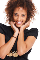 Image showing Hair, afro and fashion portrait of black woman with skincare glow, luxury cosmetics beauty and natural makeup. Brazil girl, designer clothes and face of model isolated on white studio background