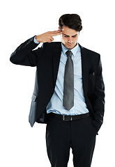 Image showing Depression, stress and businessman with finger gun to the head in studio against white background. Anxiety, suicide and young entrepreneur suffering mental breakdown after business fail and isolated