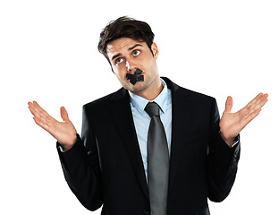 Image showing Business man, censored mouth and shrug in a suit for employee professional work. White background, corporate worker and silence of cross on lips of a businessman with a secret isolated and standing