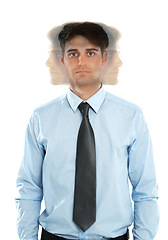 Image showing Stress, portrait and man in studio for mental health problem, bipolar and fear on white background. Anxiety, face and businessman suffering burnout, pressure and distress, mind and crisis or isolated