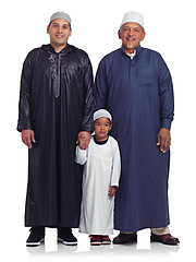 Image showing Family, portrait and muslim men in studio for family time, bonding and Islamic religion against white background. Islam, generation and mature man enjoying quality time, holy gathering and isolated