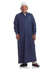 Image showing Muslim, happy man and studio portrait of islamic culture isolated on white background of religion, arabic clothes or faith. Senior moslem guy, trust in god and spiritual worship of ramadan or fasting