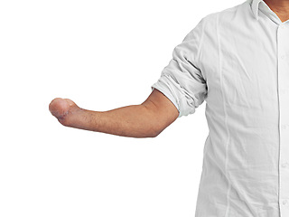 Image showing Disability, amputee and arm of a man with a disability showing forearm stump with mockup. Isolated, disability model and white background of a disabled person with a unique body and mock up space