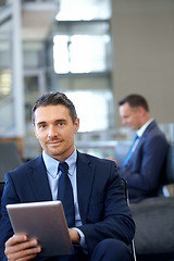 Image showing Tablet, Portrait or business man with smile in airport lobby for invest strategy, finance growth or financial success. CEO, travel or manager on tech planning, social media or network blog networking