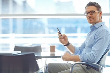 Image showing Research, portrait or business man with phone for internet, social media content or networking. Tech, corporate or manager in airport on smartphone for social network, blog review or media app search