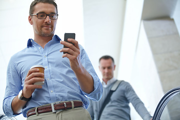 Image showing Travel, corporate or businessman with phone in airport for investment strategy, finance growth or financial review. CEO or manager on smartphone for planning, data analysis or economy data research