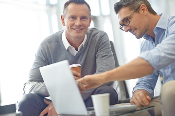 Image showing Laptop, lounge portrait and airport business people pointing at financial portfolio, stock market database or investment. Economy, travel or crypto trader work on forex, bitcoin mining or nft trading