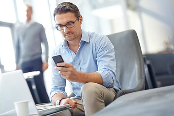 Image showing Airport, corporate or businessman with phone for investment strategy, finance growth or financial review. CEO or travel manager with smartphone for planning, data analysis or economy data research