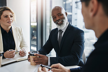 Image showing Meeting, discussion and black man leader talking to his colleagues at a business team analysis. Teamwork, diversity and African male manager speaking to coworkers about report, project and proposal.