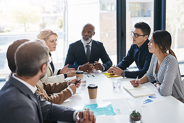 Image showing Meeting, team and business people in discussion in the office planning a corporate strategy together. Diversity, teamwork and professional employees working in collaboration on a project in workplace