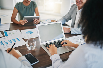 Image showing Laptop, teamwork and business people with documents in meeting. Mockup, planning and collaboration of group with statistics, analytics and graphs for sales targets, advertising or marketing strategy.