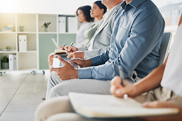 Image showing Business people, hands and writing notes in training, office workshop or education for target growth, planning goals or team work mission. Men, women and presentation audience with books in coaching