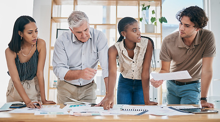 Image showing Business people, project management and documents, collaboration of ideas and brainstorming, team and paperwork. Marketing strategy, professional diversity and business meeting at marketing agency.