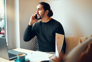 Image showing Home office, documents and phone call, freelancer man at desk consulting on smartphone with financial report. Freelance advisory work, businessman on phone and remote consulting financial advisor.