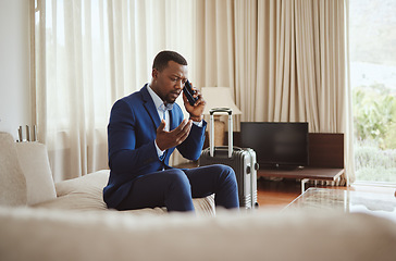 Image showing Phone call, travel stress and businessman with a phone for hotel communication, transport problem and work fail. Angry, conversation and black man with a mobile talking about accommodation mistake