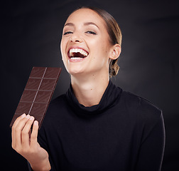 Image showing Chocolate, diet and beauty with woman and skincare with healthy candy, luxury and wellness with food and portrait. Happy female with calories, cosmetic and cacao with skin with studio background