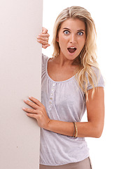 Image showing Mockup portrait, surprise or woman with poster, placard or billboard for sales advertising marketing. Studio sign, banner space and model girl shocked over discount promotion deal on white background