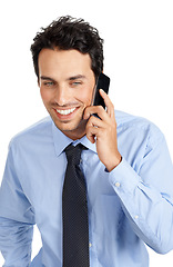 Image showing Phone call, studio and happy businessman with communication, negotiation and networking strategy. Happy professional man using phone or smartphone for career feedback, job review or talking to client