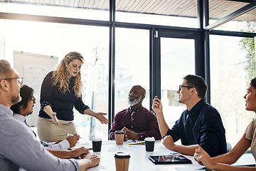 Image showing Business people meeting, diversity and speaker presentation, manager speech or leader finance investment proposal. Communication, teamwork workshop or mentor coaching, teaching or training sales team