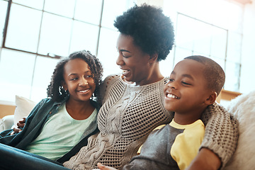 Image showing Love, mother and children relax sofa for happy family time together in apartment in South Africa on weekend. Smile trust and support, black woman and kids sitting on couch with healthy relationship.