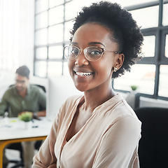 Image showing Business woman, smile and portrait of happy creative employee ready for office work. Young, web design worker and happiness of a professional black woman in a working agency workplace with team