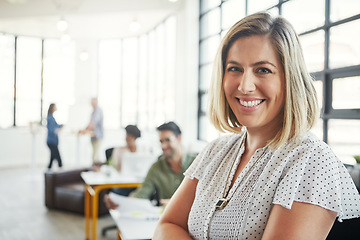 Image showing Woman, smile portrait and leader success motivation, positive mindset and happiness isolated in white background. Female designer, happy entrepreneur and leadership goals vision in modern office