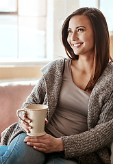 Image showing Morning coffee, woman and living room lounge with a person happy and relax at home. Tea drink, calm lifestyle and female on a house couch with happiness on a weekend feeling calm with a smile