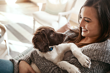 Image showing Puppy, happy and woman at home on a living room couch with animal bonding with care. Pet love, dog and person with happiness at home with a smile from dogs on a lounge sofa together feeling calm