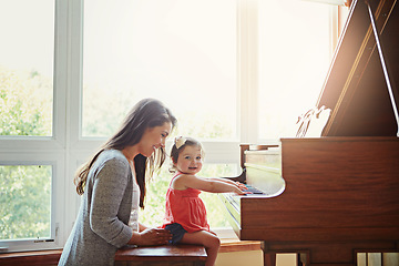 Image showing Playing, music and mother and child with a piano, learning and happy together in a house. Love, smile and portrait of a playful baby with her fun mom teaching to play an instrument for happiness