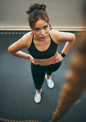 Image showing Rope climbing, gym and fitness of woman ready for sports challenge, full body workout and training workout. Female athlete, portrait and climb exercise with focus, strong mindset and goal motivation