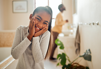 Image showing Skincare, family and portrait of girl in bathroom with dad for morning routine, hygiene and cleaning. Black family, smile and face of young child for wellness, healthy lifestyle and self care at home