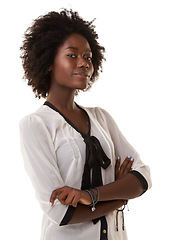 Image showing Black woman, happy and model portrait of a person with arms folded feeling confident. White background, vertical and isolated woman with natural afro hair and business casual fashion with mockup