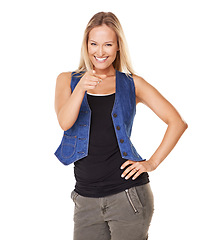 Image showing Portrait, pointing and choice with a woman in studio on a white background standing with her hand on her hip. Face, point and choosing with an attractive young female making her selection of options