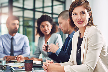 Image showing Business people, woman and leader portrait while in a office meeting with her team for growth. Face of corporate female entrepreneur for diversity and vision for innovation in a happy workplace