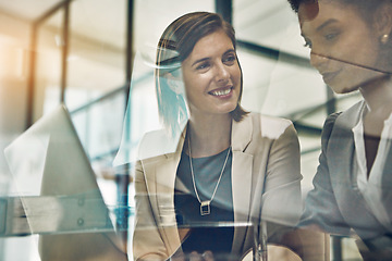 Image showing Business women, laptop and discussion planning tech strategy, marketing meeting or happy teamwork collaboration. Business people, web design and ux designers development on digital device in office