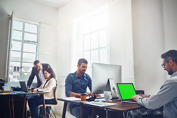 Image showing Green screen, laptop and businessman typing at a web design startup company office with a working team. Teamwork, management or group of employees at a coworking agency as a workforce