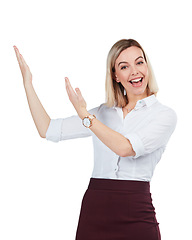 Image showing Advertising, promotion and woman on a white background with hand for deal, discount and display sign. Mockup, presenting and isolated girl with gesture for showing, information and product placement