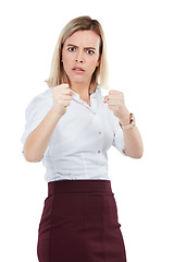 Image showing Portrait, fight and woman with anger, fist and person isolated on white studio background. Young female employee, lady and gesture for fighting, argue and angry with attitude, warning and threatening